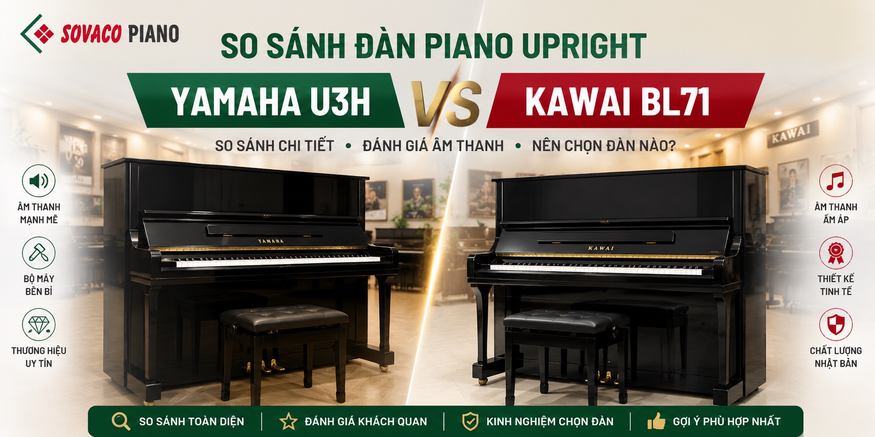 So sánh đàn piano Upright Yamaha U3H và Kawai BL71