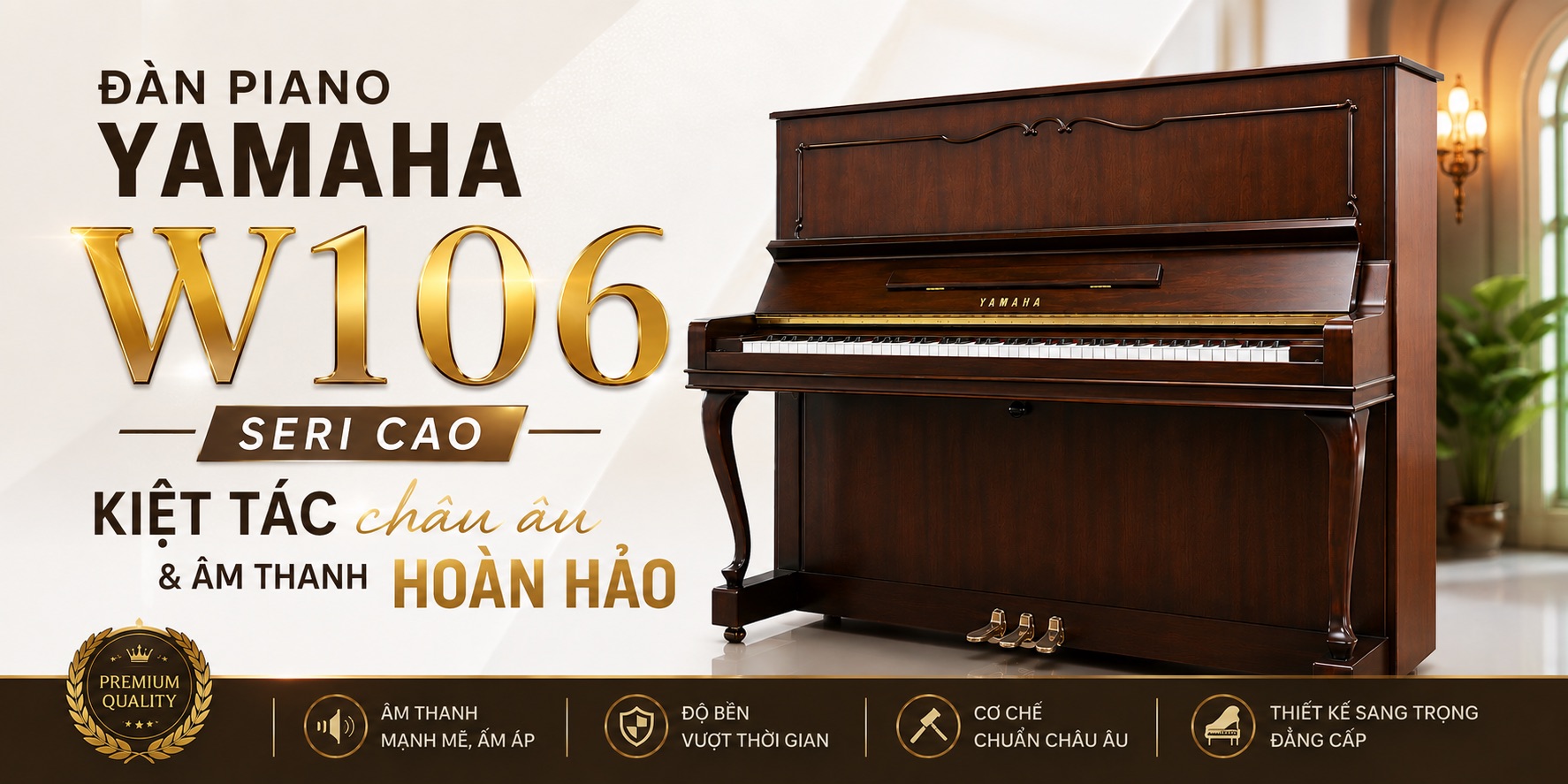Đàn Piano Yamaha W106 Seri Cao Vân Gỗ Cổ Điển