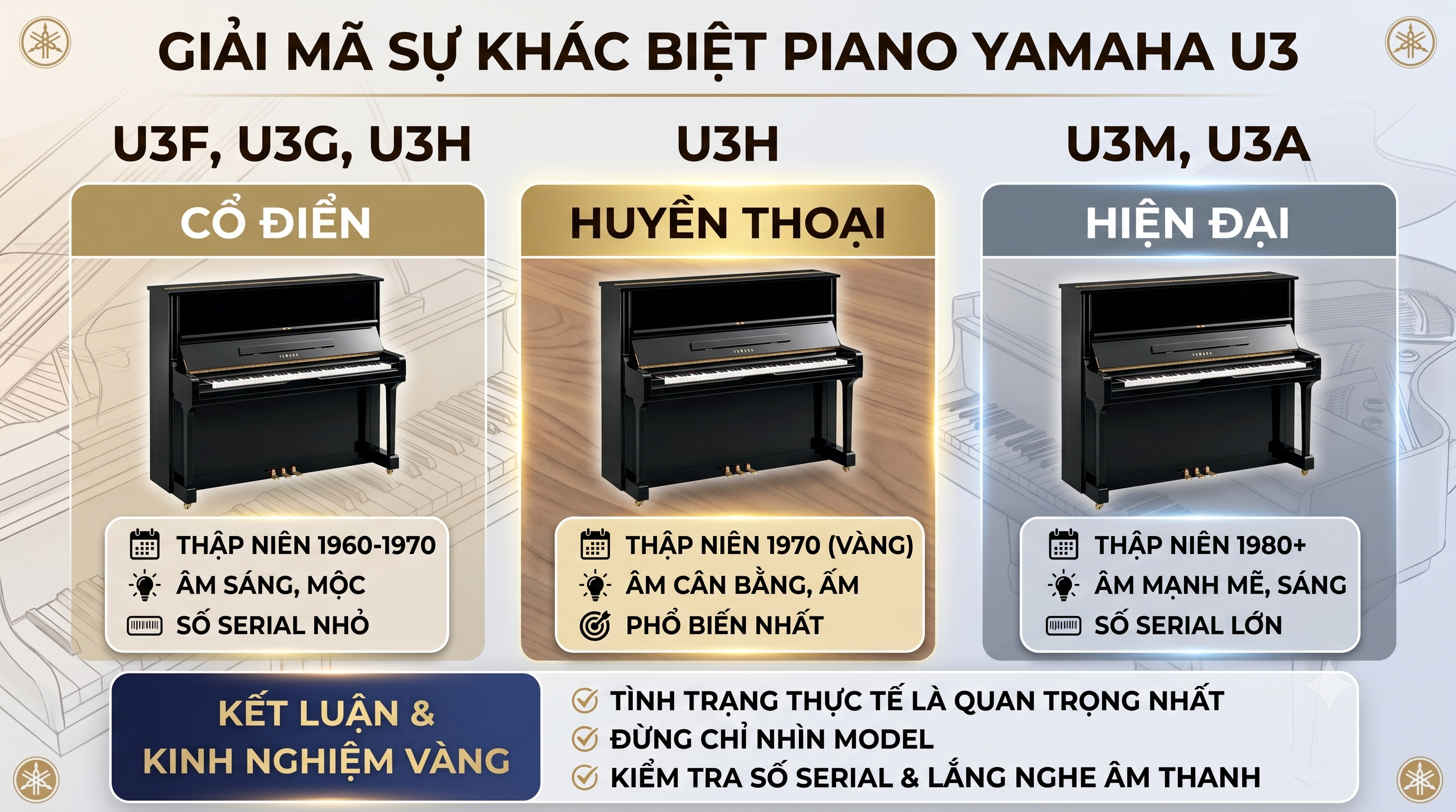 Đàn piano Yamaha U3A, U3F, U3G, U3H, U3M,… Khác nhau như thế nào?